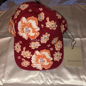 AllSaints 100% Cotton Red Floral Baseball Cap Embroidered Logo Accent OS NWT